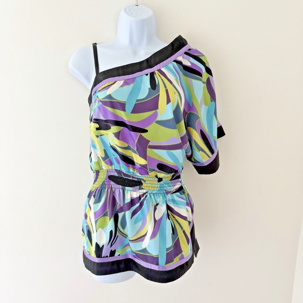Y2K One Shoulder Top Women S Tropical Print Asym Hem Stretch Waist Party Retro